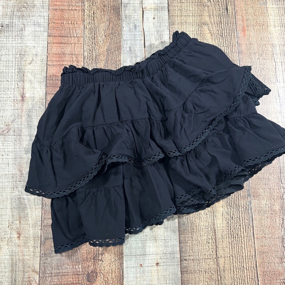 Black Ruffle Skort Shorts Tiered Boho Festival Lace Trim Rayon Mini Small